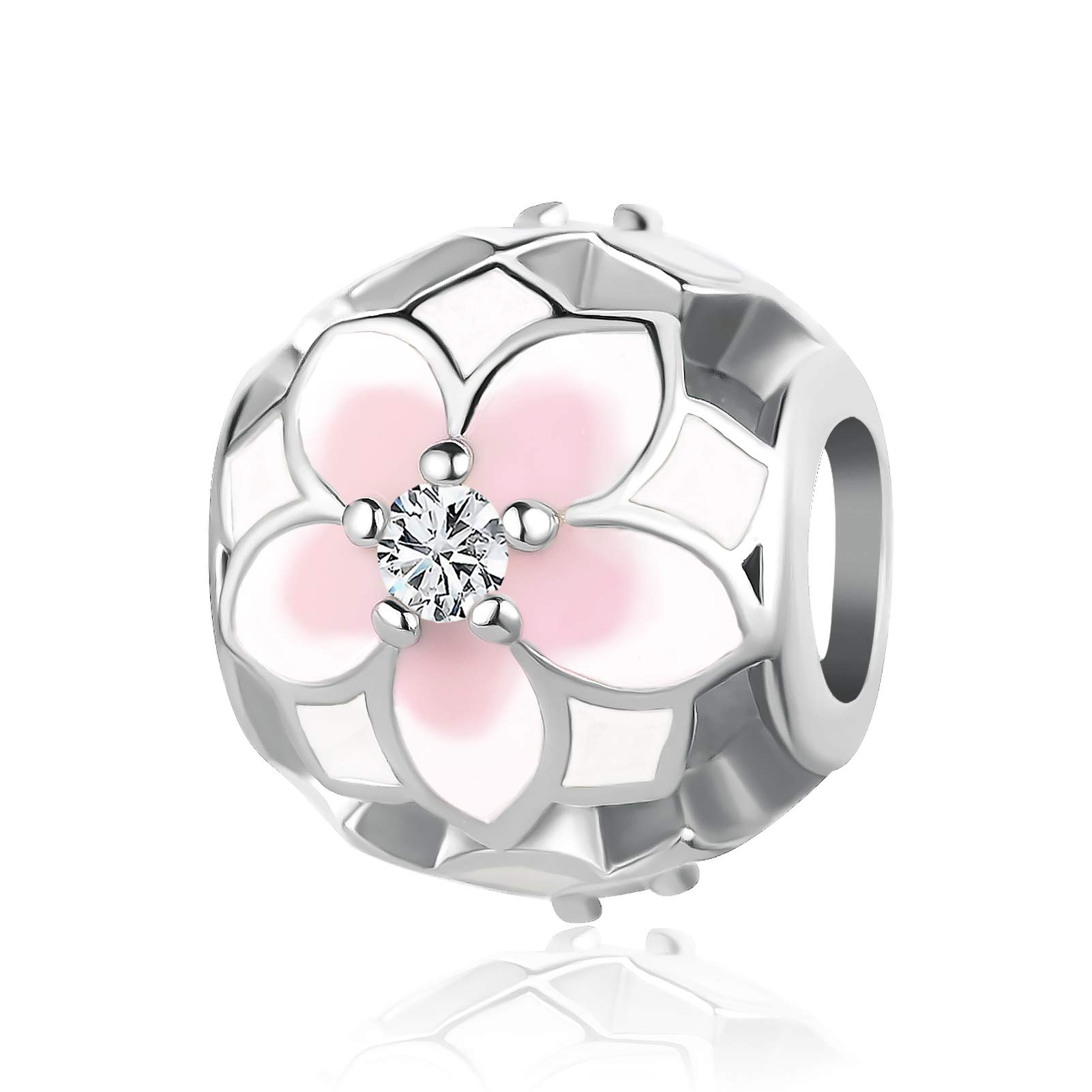 SBI Jewelry Pink Flower Bead Charm Compatible with Pandora Charm Bracelet Christmas Family Necklace Gift Pendant Anniversary Birthday