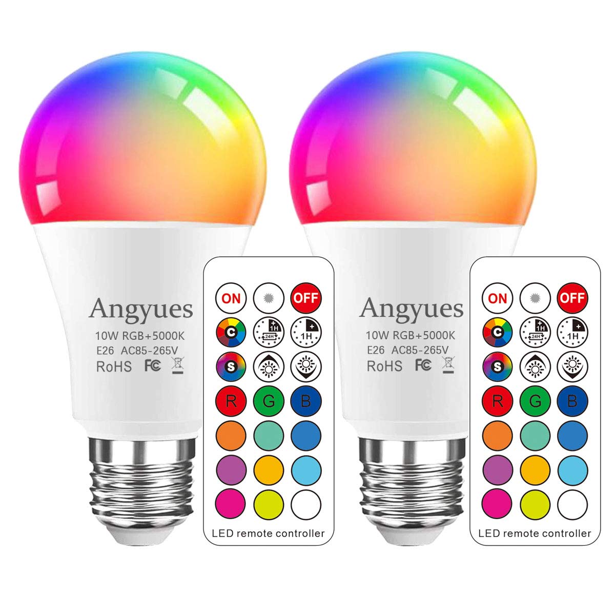 Angyues RGB LED Light Bulb, 10W Color Changing Light Bulbs with Remote Control, Dimmable Multi-Color Decorative Bulb, E26 Base, 2 Packs