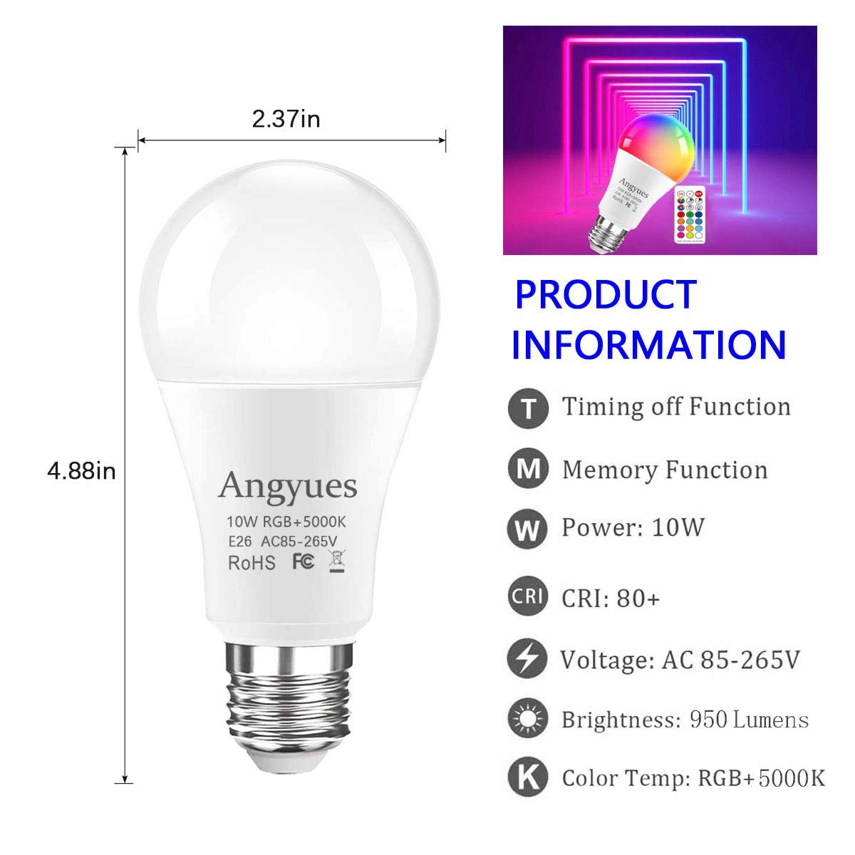 Angyues RGB LED Light Bulb, 10W Color Changing Light Bulbs with Remote Control, Dimmable Multi-Color Decorative Bulb, E26 Base, 2 Packs