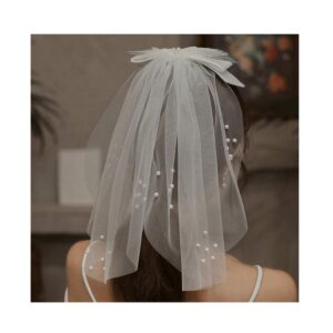 Campsis Wedding Bridal Veil White Pearl Tulle Short Veil Bow Knot 1 Tier Veil Bride Hair Accessories for Women and Girls (A-Clip)