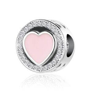 SBI Jewelry Pink Love Heart Bead Compatible with Pandora Charm Bracelets Clear CZ Christmas Family Birthday Anniversary