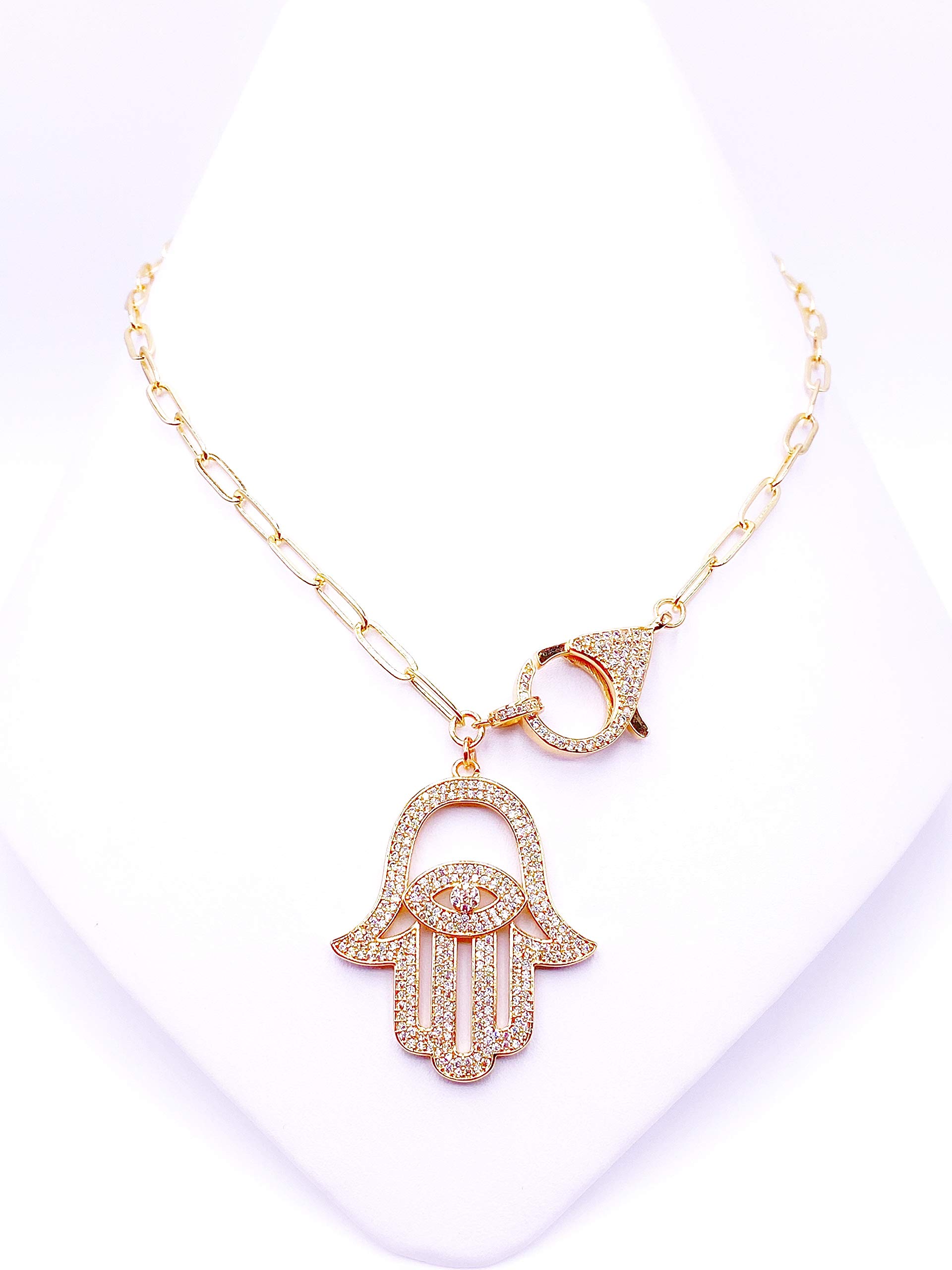 LESLIE BOULES Stunning Gold Hamsa Hand Necklace for Women 18K Gold Plated Chain Fashion Jewelry