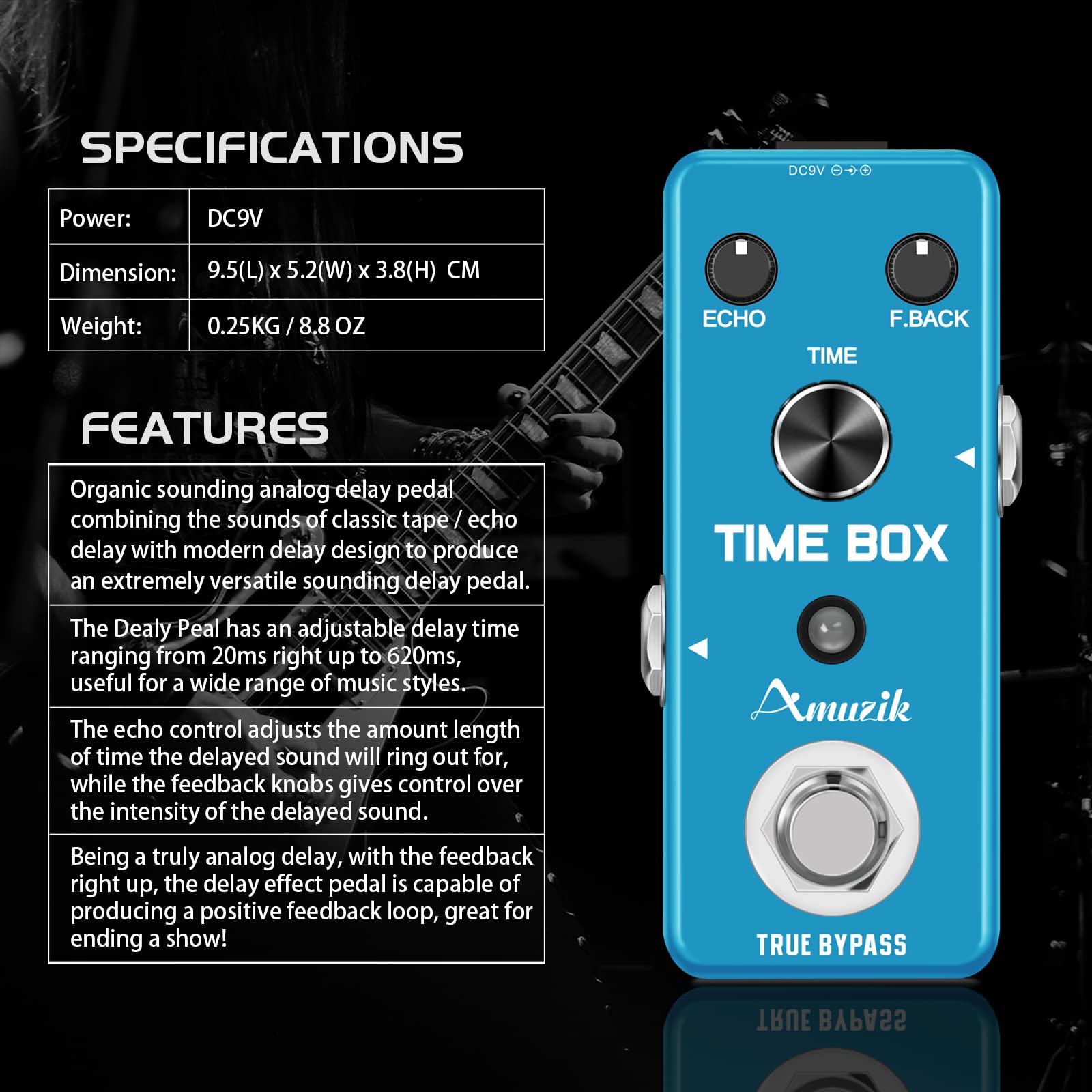 Amuzik Analog Delay Pedal Guitar Delay Effects Pedals Vintage Delay Effect with True Bypass Full Metal Shell Switching