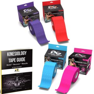 Physix Gear Sport 4 Rolls of Kinesiology Athletic Tape and eGuide (Red + Purple + Blue + Pink)