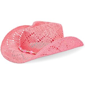 zodaca pink cowboy hat for women - pink straw beach hat, cute cowgirl hat with beaded heart trim and braided chain (adult size)