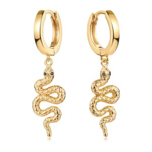 myears women snake earrings gold huggie hoop serpent diamond cubic zirconia dangle drop 14k gold filled small boho simple delicate hypoallergenic animal jewelry gift