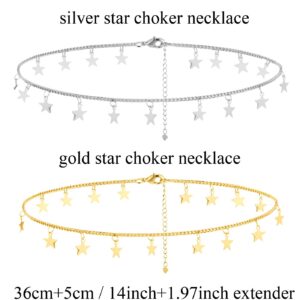 Sora Tuki Silver Star Choker Necklace, 14inch Adjustable, Dainty Jewelry for Women & Teen Girls, 14K Gold Plated