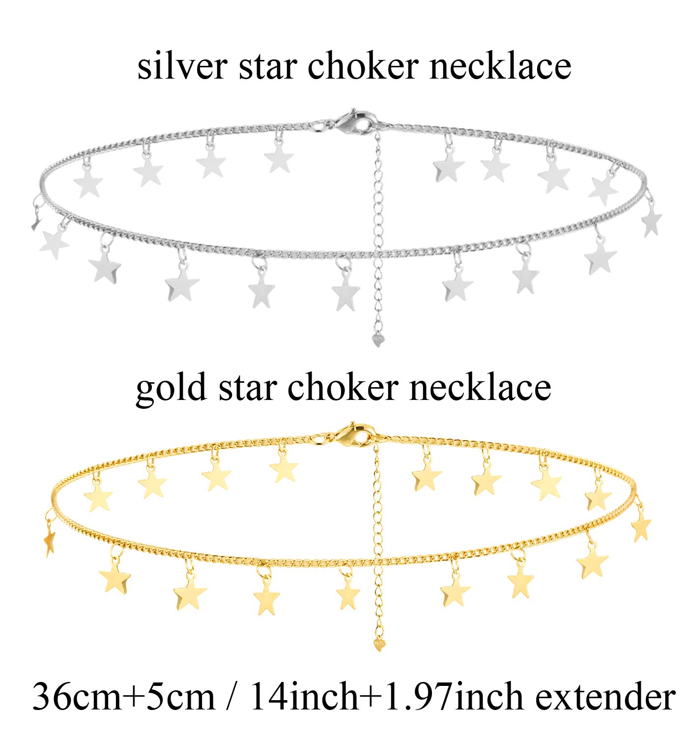 Sora Tuki Silver Star Choker Necklace, 14inch Adjustable, Dainty Jewelry for Women & Teen Girls, 14K Gold Plated