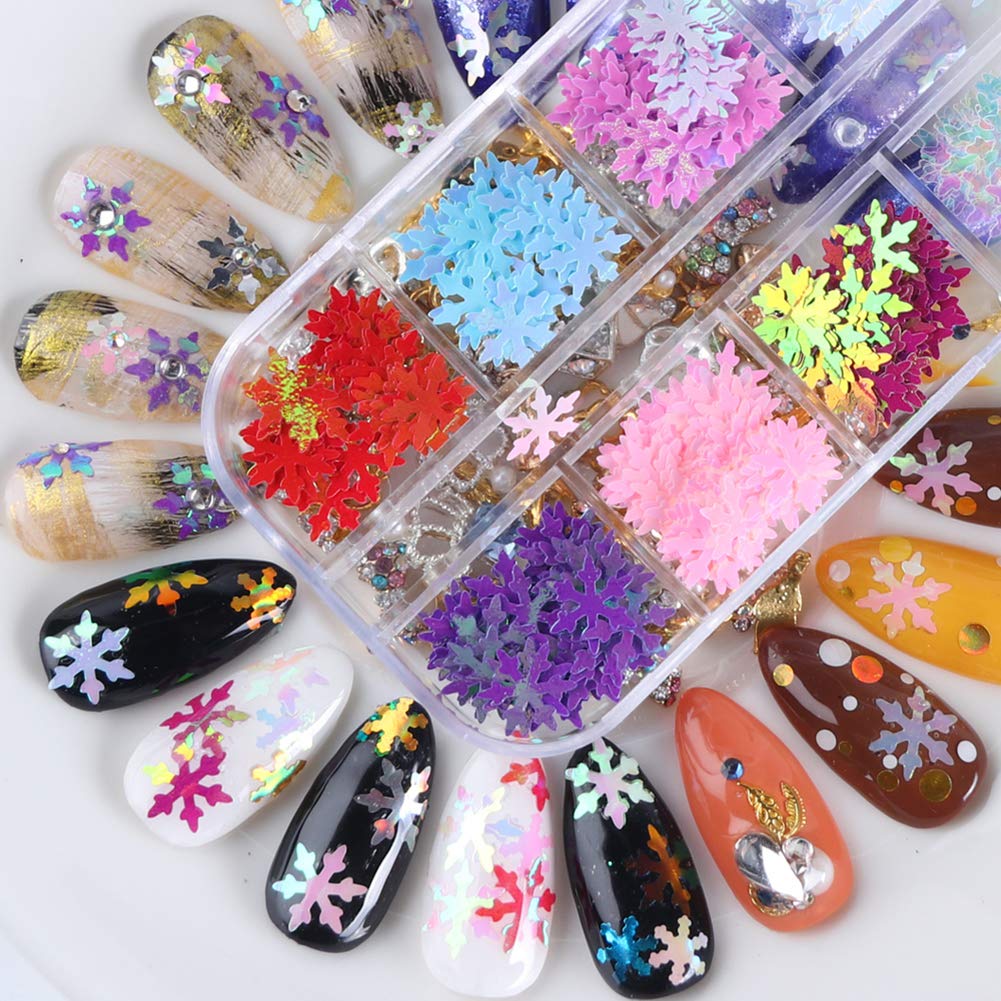 12 Colors Christmas Nail Art Glitters Snowflakes Nail Sequins 3D Nail Art Decals Holographic Laser Nail Flakes Stickers Acrylic Nails Design Glitter Xmas Nail Art Supplies Decorations