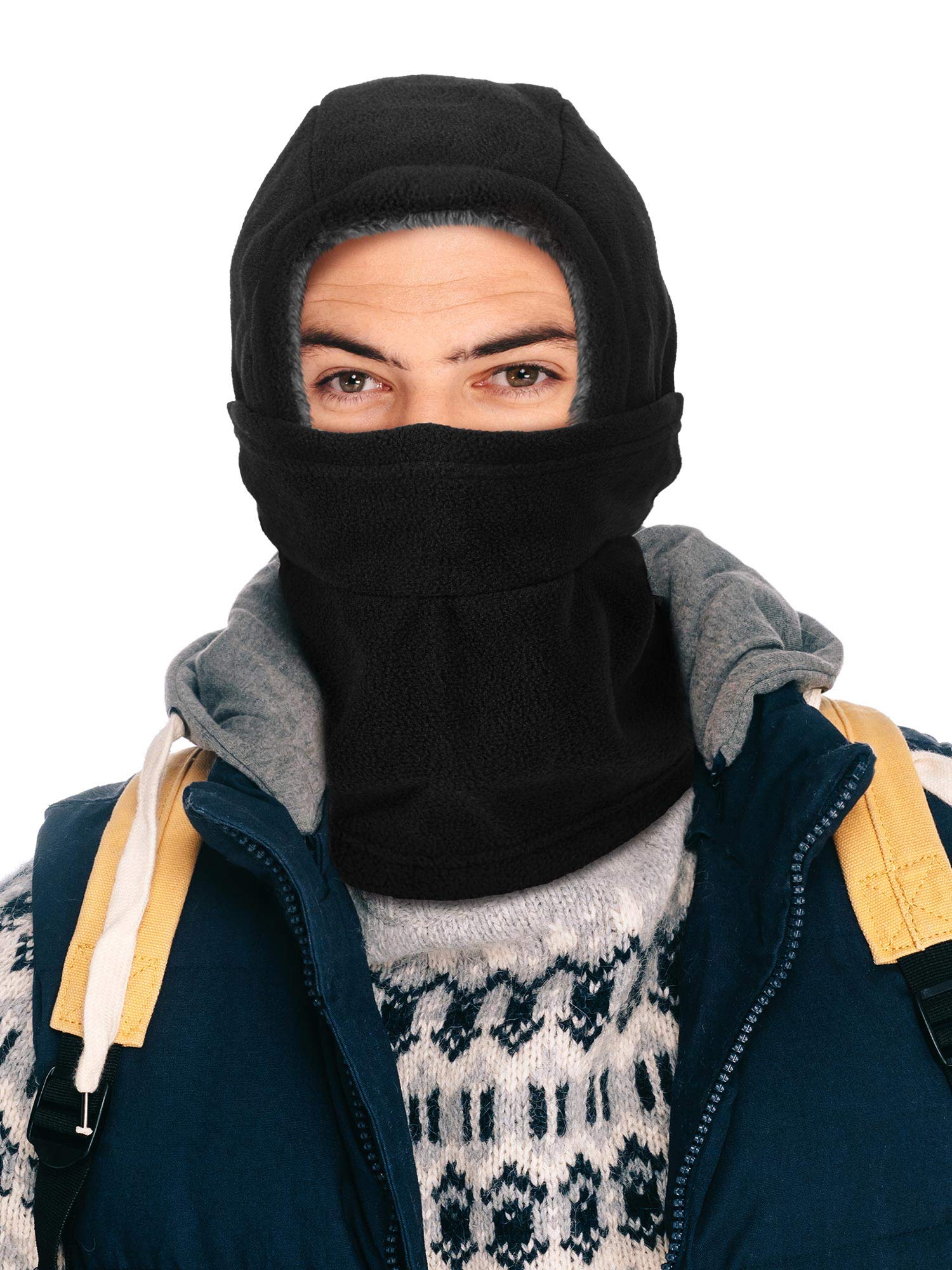 Winter Balaclava Hat Fleece Full Face Covering Scarf with Drawstring (Black, Navy Blue, 2)