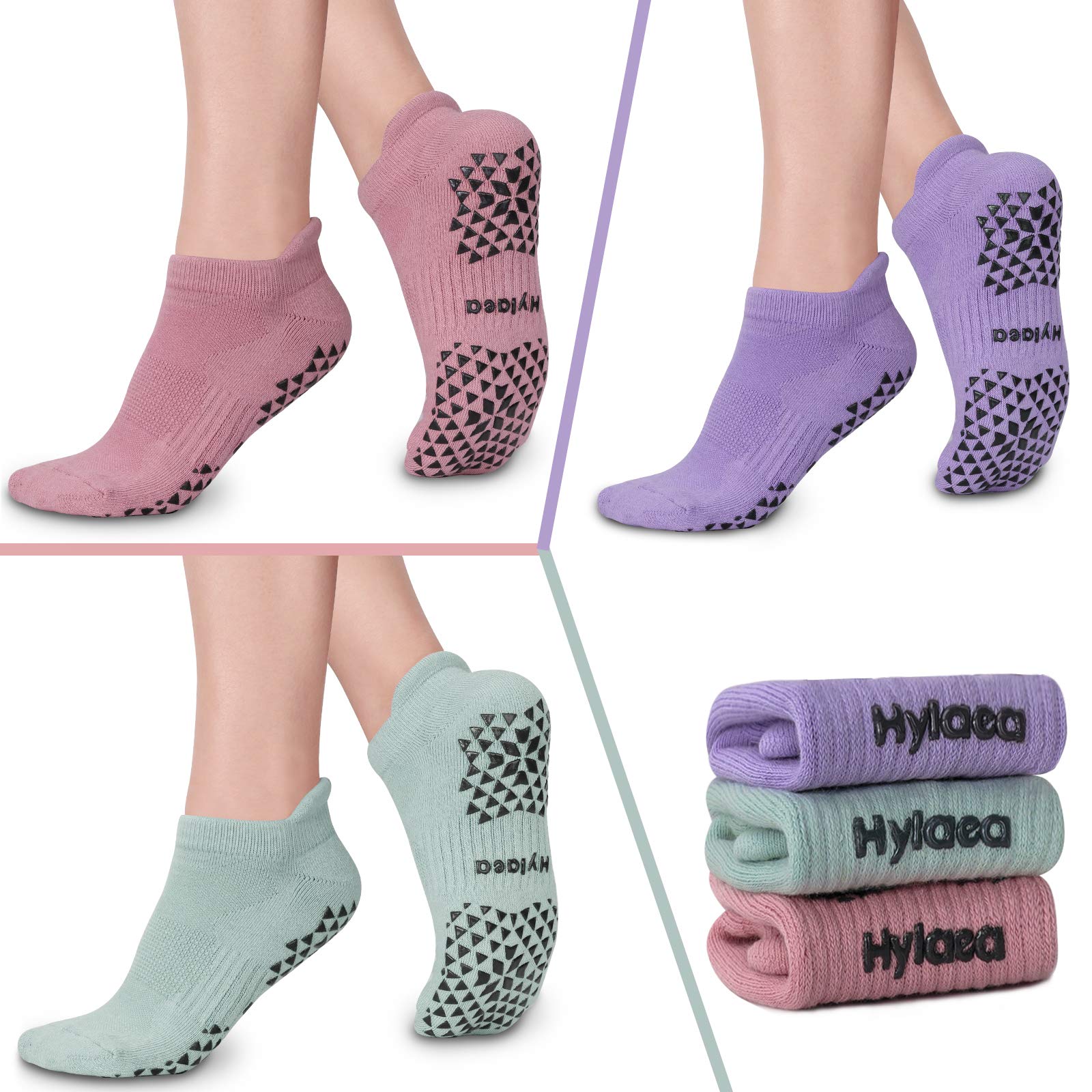 Hylaea Womens Non Slip Socks for Yoga Pilates Hospital Barre kickboxing, Grips on Bottom, Ankle,Cushion Padded, Small Medium