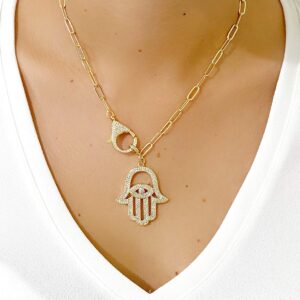 LESLIE BOULES Stunning Gold Hamsa Hand Necklace for Women 18K Gold Plated Chain Fashion Jewelry