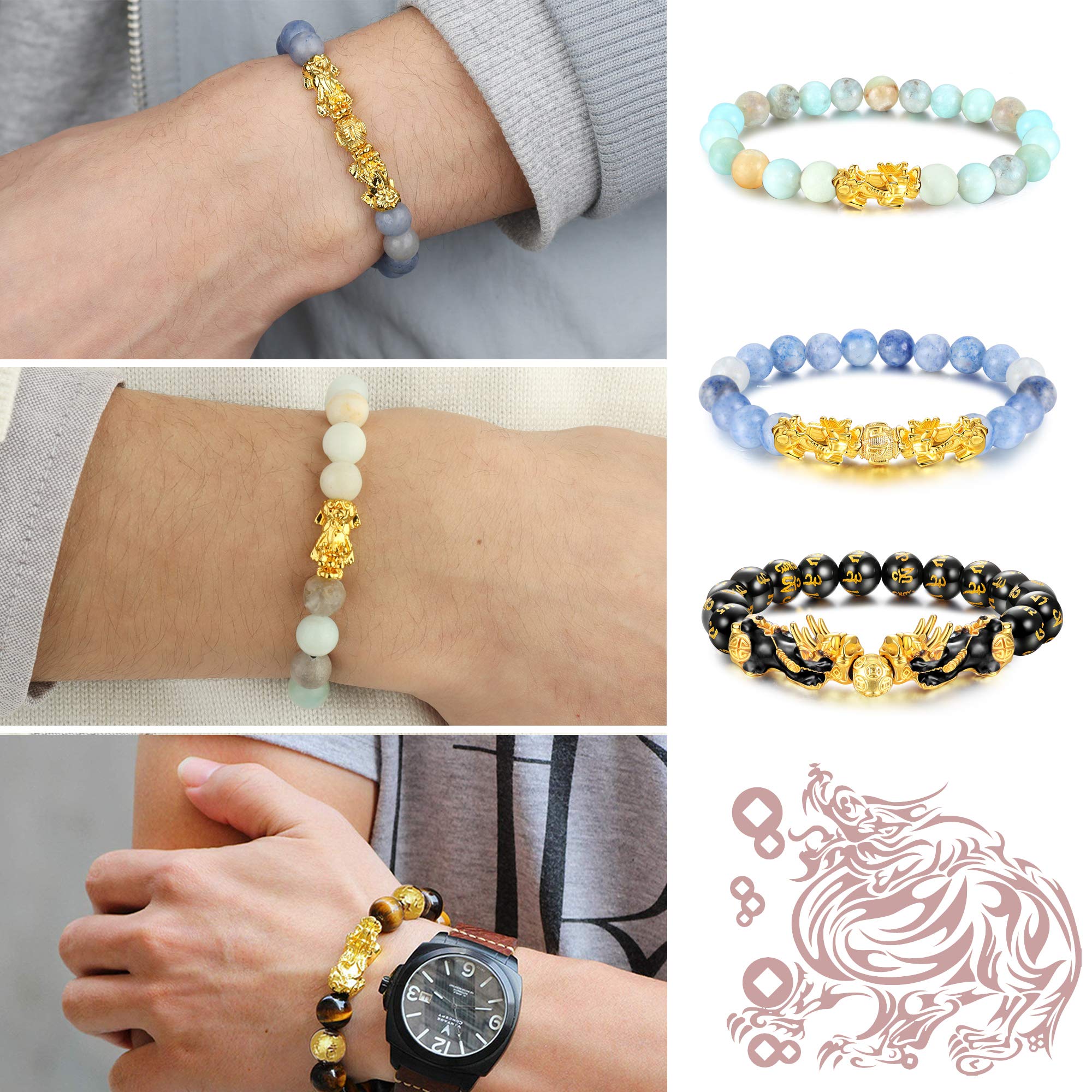 sailimue 6 Pcs Feng Shui Pixiu Good Luck Bracelets for Men Women Natural Stone Tiger Eye Bead Bracelet Pi Yao Chinese Dragon Charm Adjustable Feng Shui Black Obsidian Wealth Bracelet Set