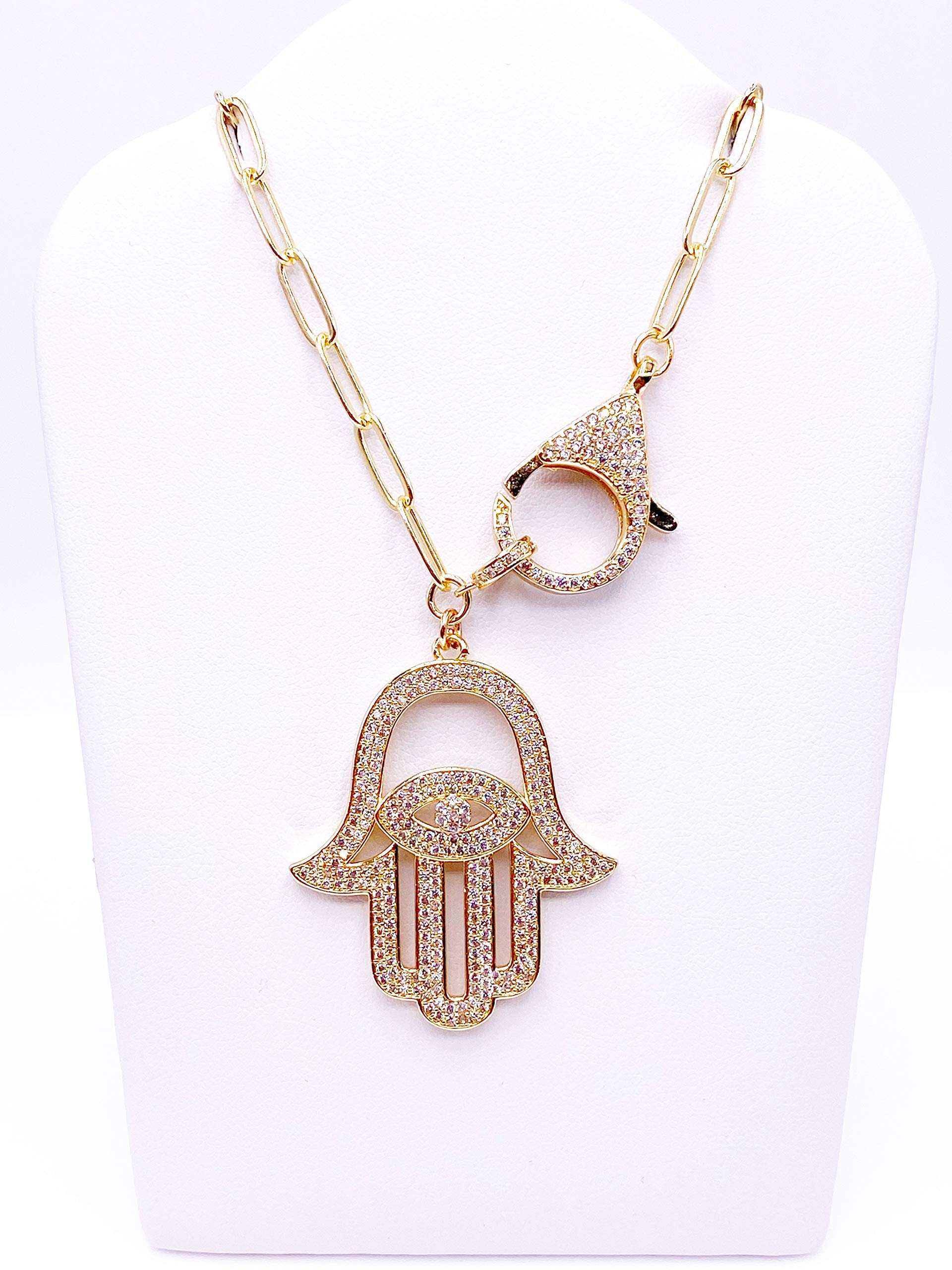 LESLIE BOULES Stunning Gold Hamsa Hand Necklace for Women 18K Gold Plated Chain Fashion Jewelry