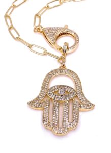 leslie boules stunning gold hamsa hand necklace for women 18k gold plated chain fashion jewelry