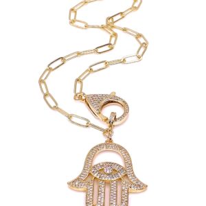 LESLIE BOULES Stunning Gold Hamsa Hand Necklace for Women 18K Gold Plated Chain Fashion Jewelry