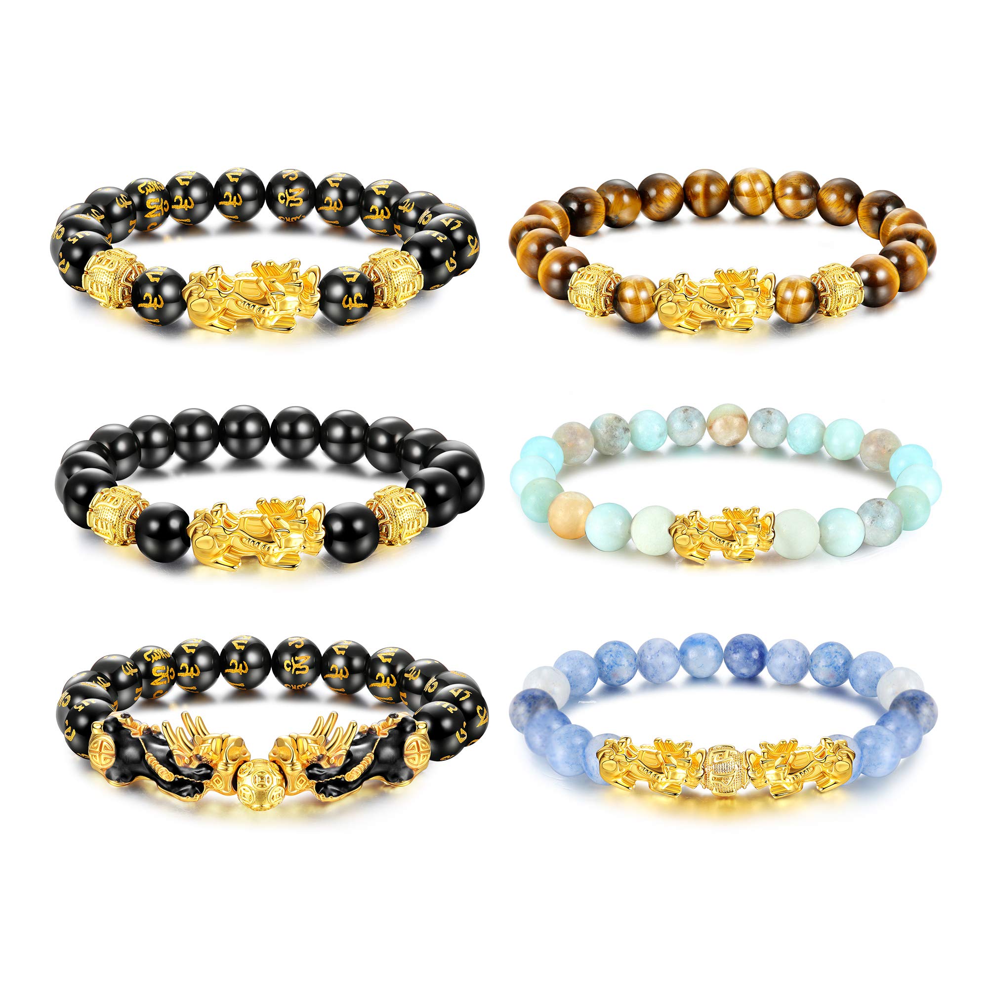 sailimue 6 Pcs Feng Shui Pixiu Good Luck Bracelets for Men Women Natural Stone Tiger Eye Bead Bracelet Pi Yao Chinese Dragon Charm Adjustable Feng Shui Black Obsidian Wealth Bracelet Set