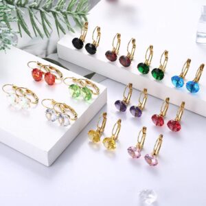 JOERICA 12 Pairs Leverback Dangle Earrings Set for Women Gold Plated CZ Stainless Steel Earrings 10MM Multicolor Cubic Zirconia Drop Earrings