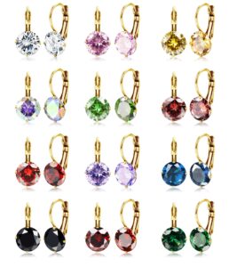 joerica 12 pairs leverback dangle earrings set for women gold plated cz stainless steel earrings 10mm multicolor cubic zirconia drop earrings