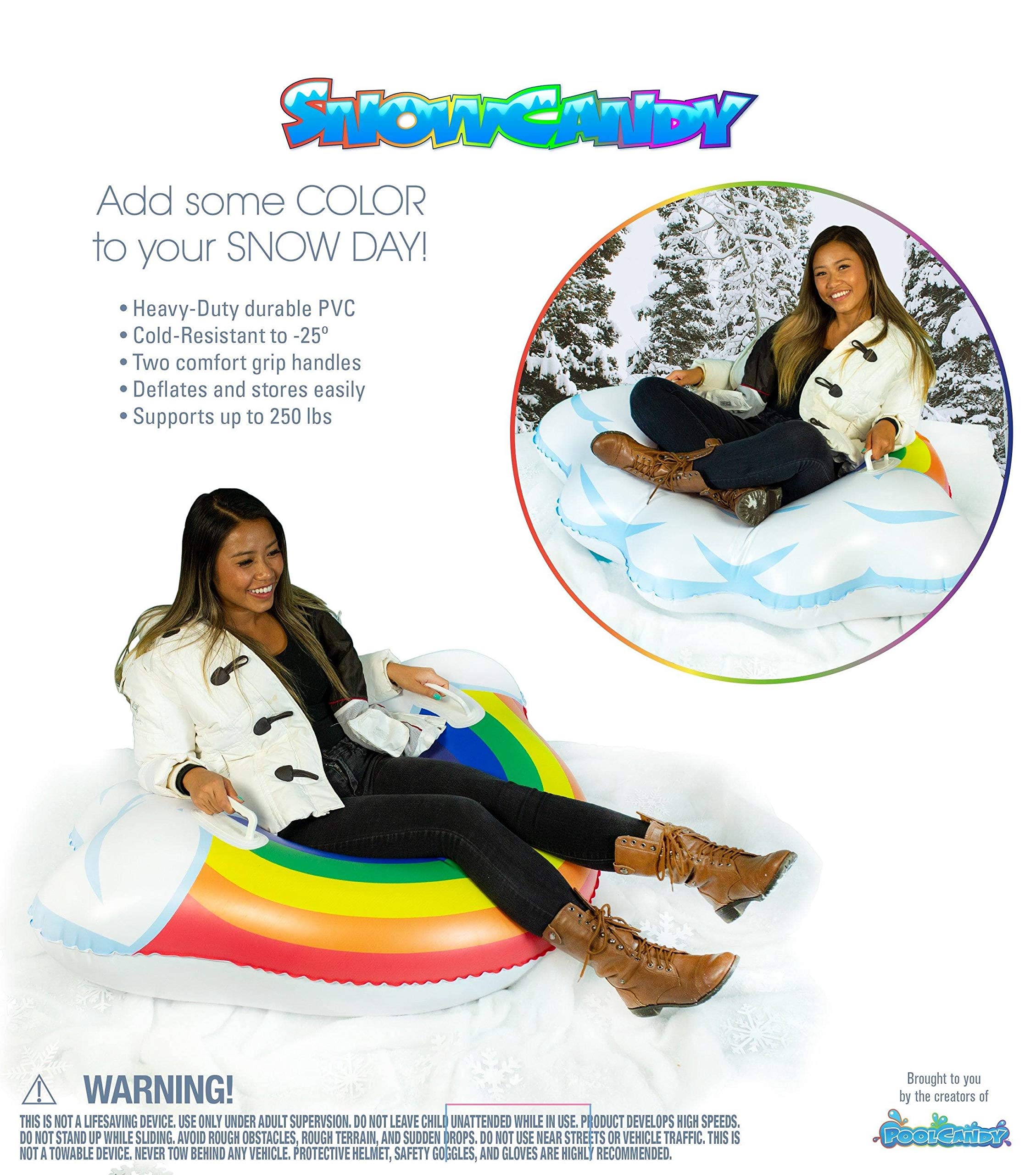 SNOWCANDY Snow Tube 48" Arctic Rainbow, Inflatable Snow Sled Toboggan for Kids and Adults, Heavy Duty with Handles and Bottom, Winter Outdoor Sledding, Easy to Inflate and Deflate