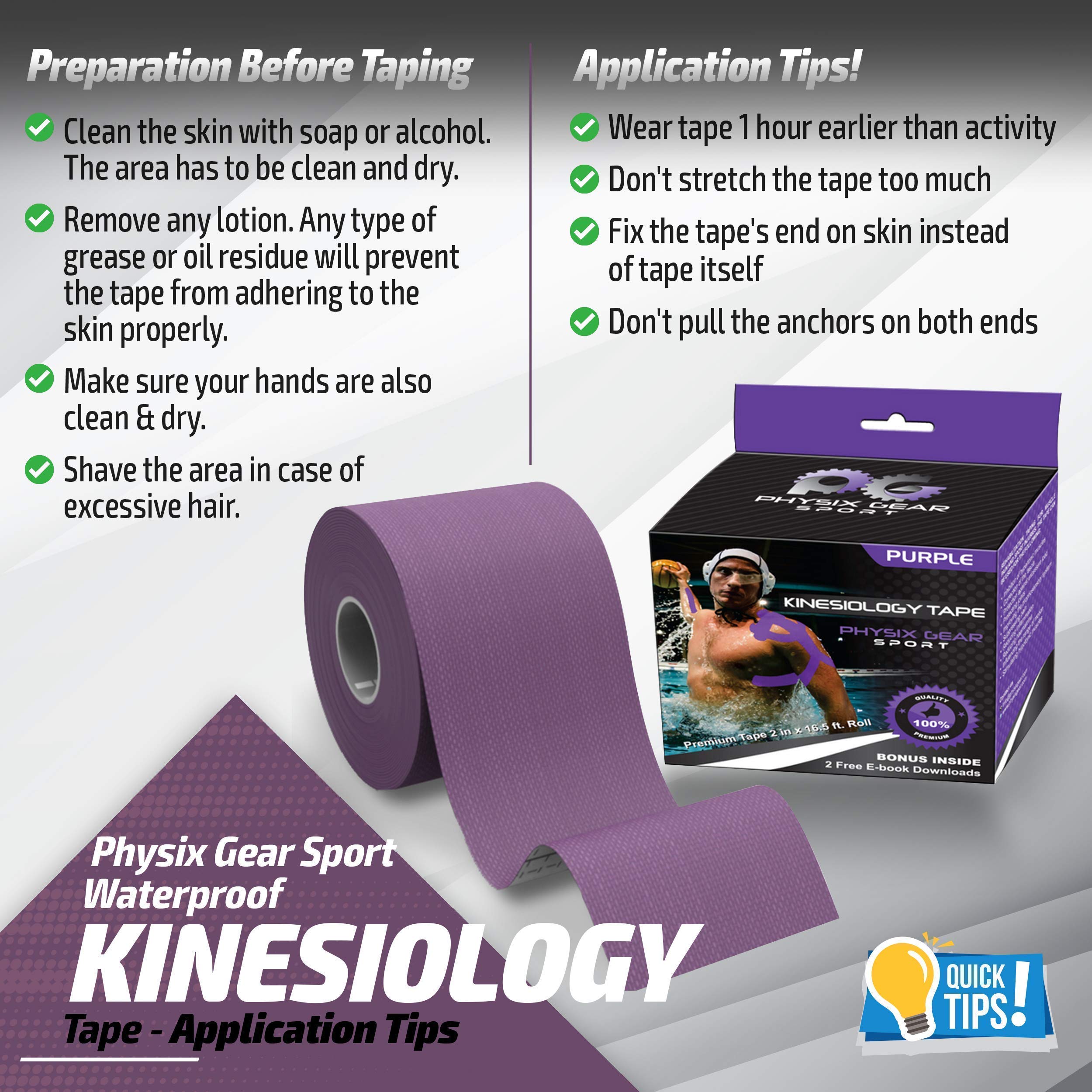 Physix Gear Sport 4 Rolls of Kinesiology Athletic Tape and eGuide (Red + Purple + Blue + Pink)