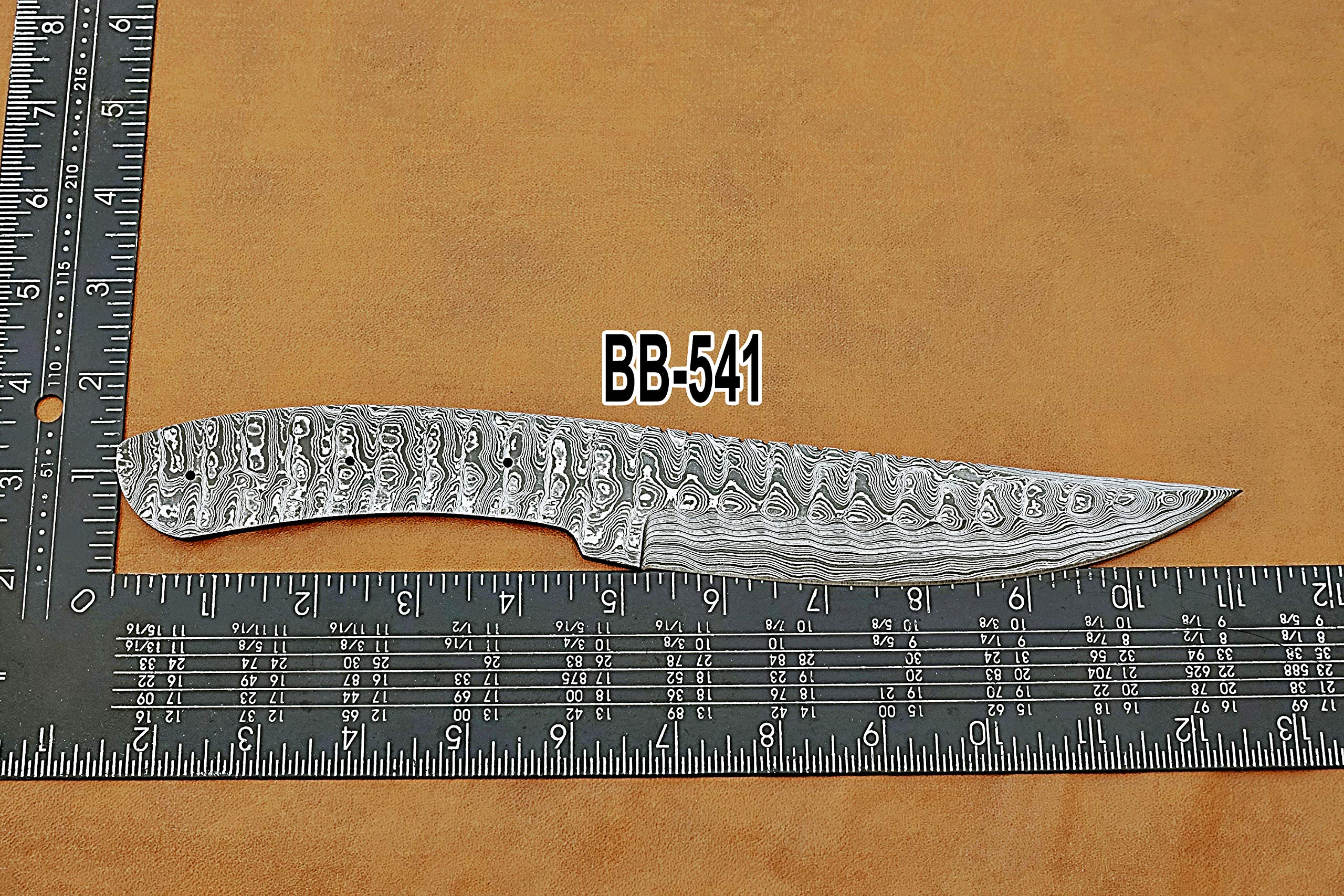 Knife Making, Damascus Steel Blank Blade 11 inches Long Hand Forged Trailing Point Skinning Knife, Hunting Knife with 3 Pin Hole, 6 inches Cutting Edge, 4.5" Scale Space