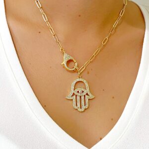 LESLIE BOULES Stunning Gold Hamsa Hand Necklace for Women 18K Gold Plated Chain Fashion Jewelry