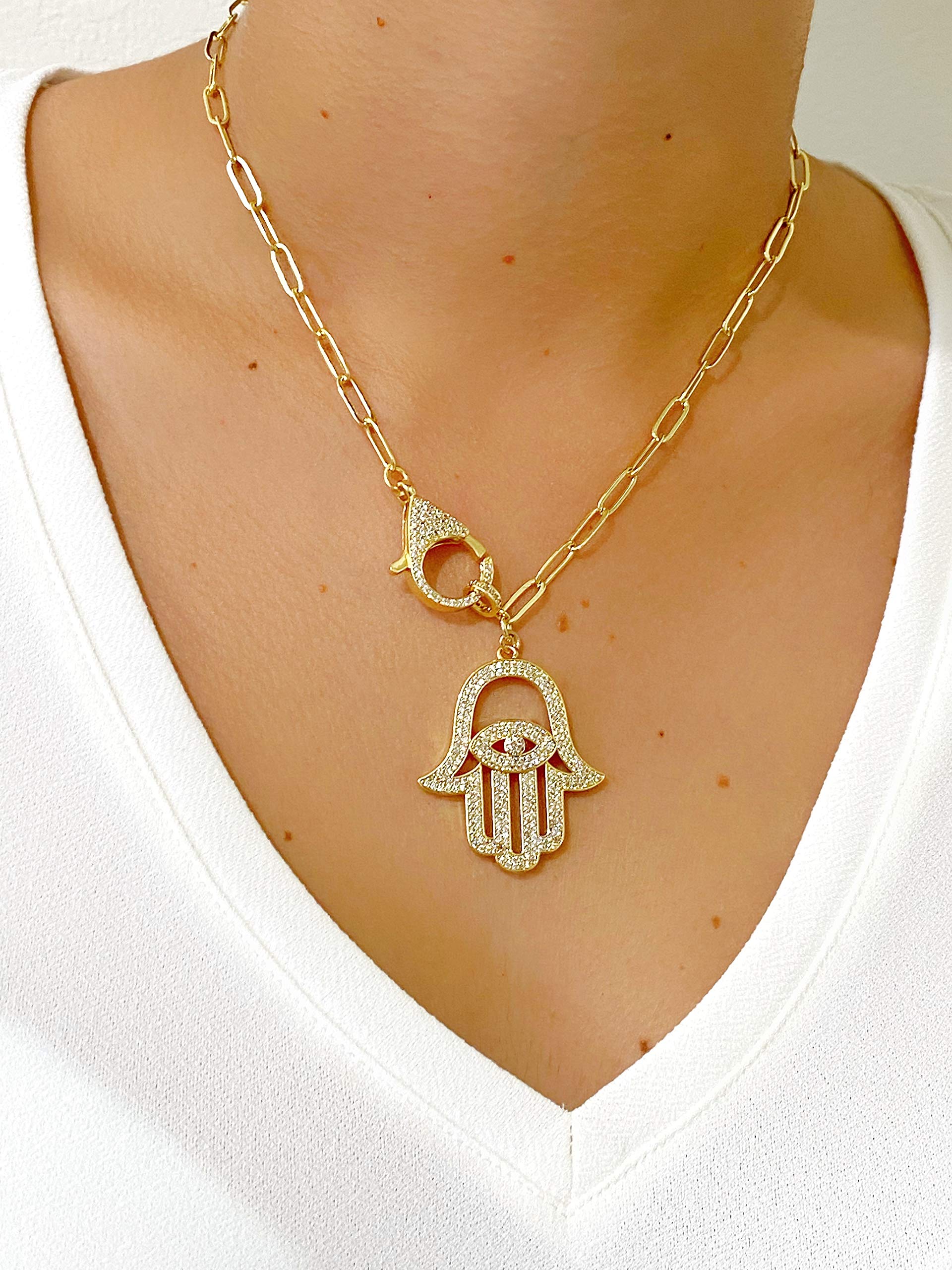 LESLIE BOULES Stunning Gold Hamsa Hand Necklace for Women 18K Gold Plated Chain Fashion Jewelry