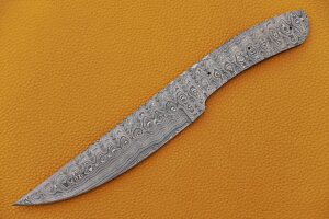 knife making, damascus steel blank blade 11 inches long hand forged trailing point skinning knife, hunting knife with 3 pin hole, 6 inches cutting edge, 4.5" scale space