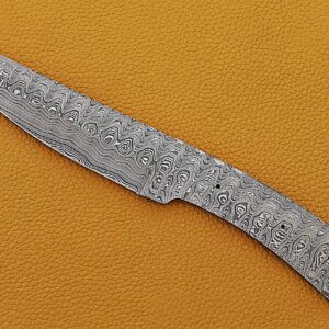 Knife Making, Damascus Steel Blank Blade 11 inches Long Hand Forged Trailing Point Skinning Knife, Hunting Knife with 3 Pin Hole, 6 inches Cutting Edge, 4.5" Scale Space