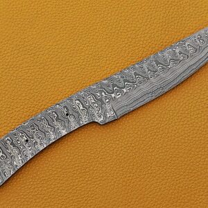 Knife Making, Damascus Steel Blank Blade 11 inches Long Hand Forged Trailing Point Skinning Knife, Hunting Knife with 3 Pin Hole, 6 inches Cutting Edge, 4.5" Scale Space