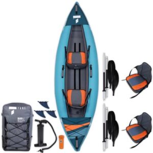 tahe beach lp2 premium inflatable 2 person kayak complete package including kayak, seats (2), paddles (2), pump and travel/storage bag, blue (107255)