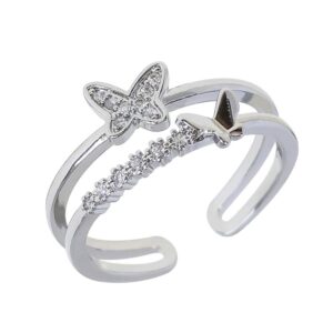 CZ Butterfly 925 Sterling Silver Ring for Women Crystal Promise Statement Stacking Expandable Open Rings Adjustable Hand Made Jewelry Dainty Birthday Anniversary Christmas Valentines Gifts