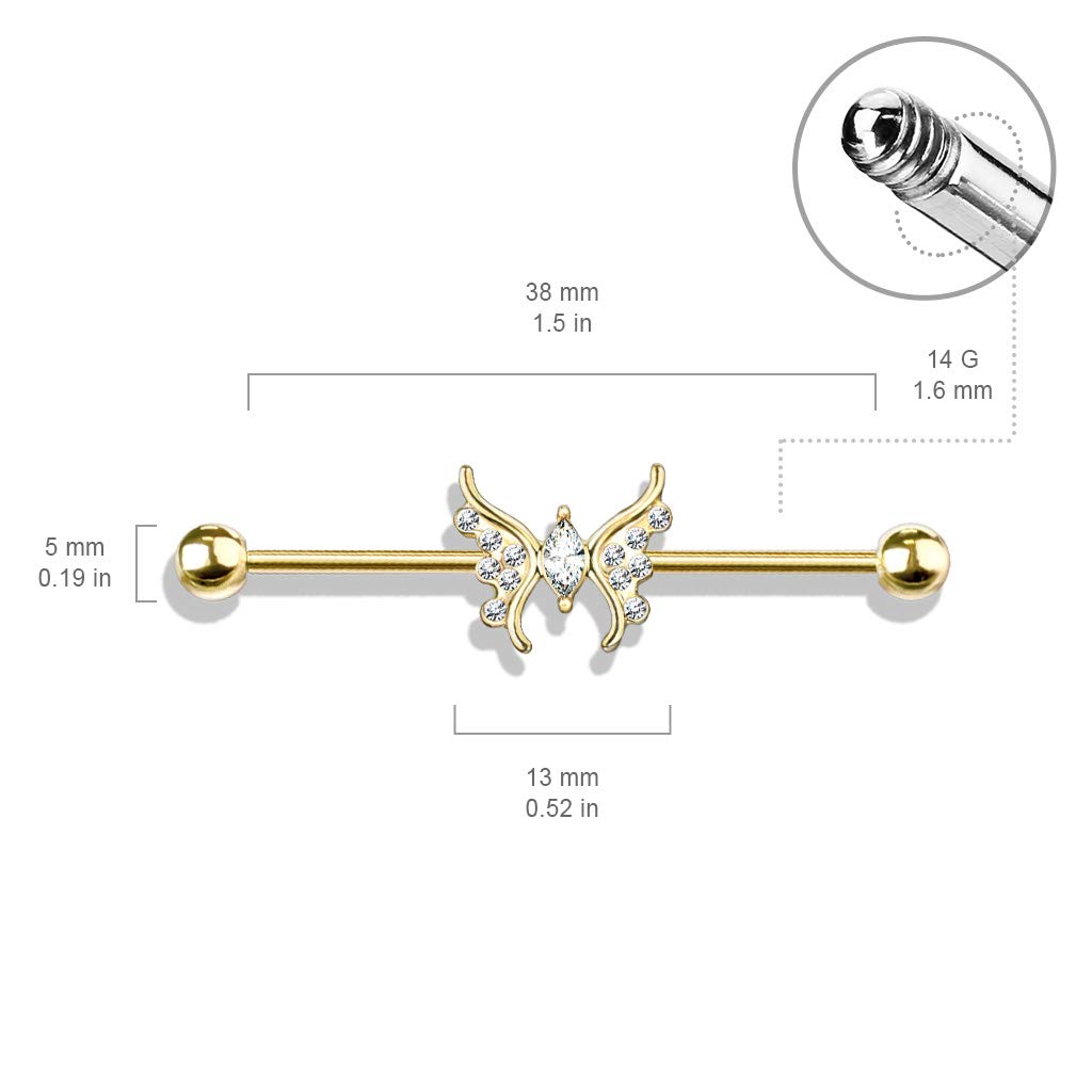 Amelia Fashion 14 Gauge Marquise Crystal Center Crystal Paved Butterfly 316L Surgical Steel Industrial Barbell (Choose Color) (Gold/Clear)