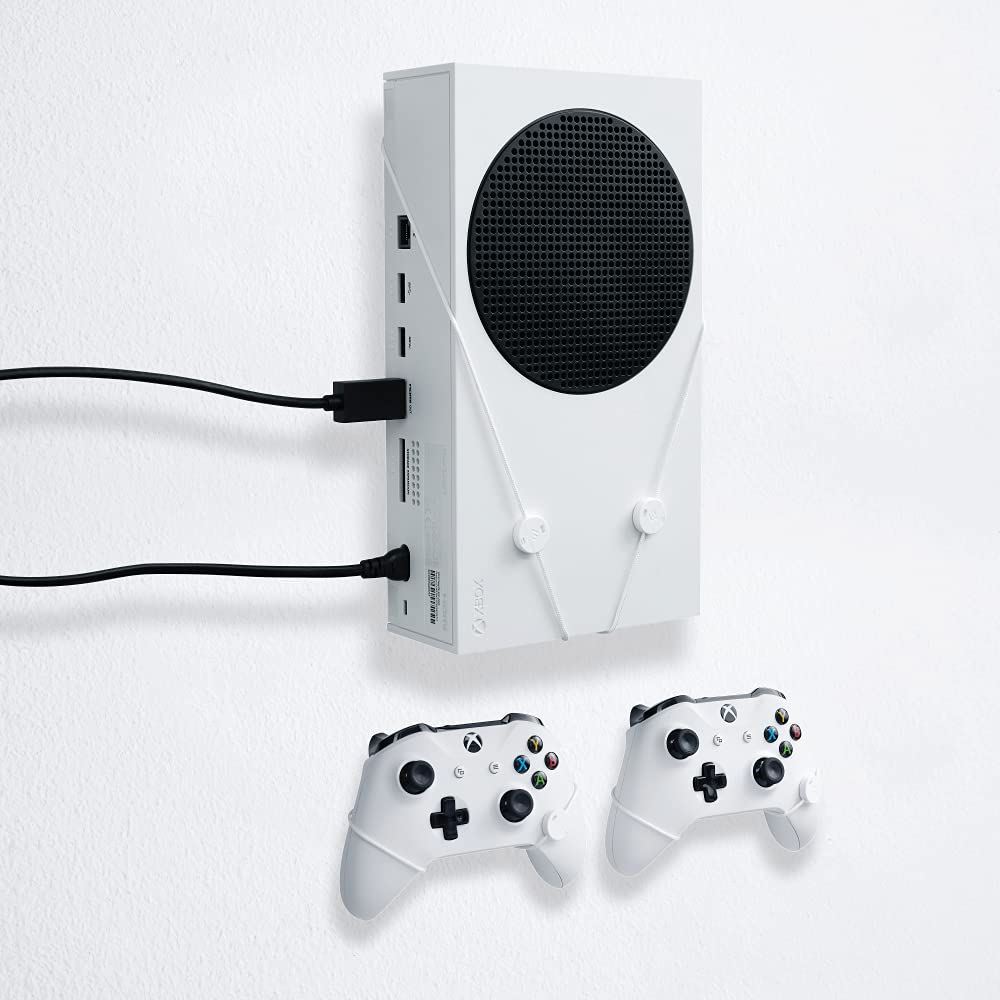 Xbox Series S & Controllers Wall Mount by FLOATING GRIP - Mounting Bundle for Hanging Consoles 2 Controllers - Strong & Slim Ropes - Effective Ventilation, Cable Management, Easy-to-Install System