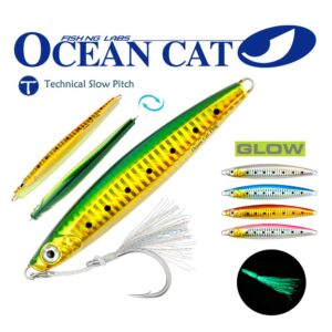 OCEAN CAT 1 PC Slow Fall Pitch Lead Metal Flat Fishing Jigs Lures Sinking Vertical Jigging Bait with Circle Hook for Saltwater Fishing (Green&Gold, 150g)