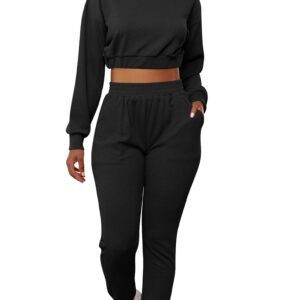 Mizoci Women's 2 Piece Outfits Lounge Jogger sets Long Sleeve Crop Top Pant Sweat Suit Tracksuit,Large,Black