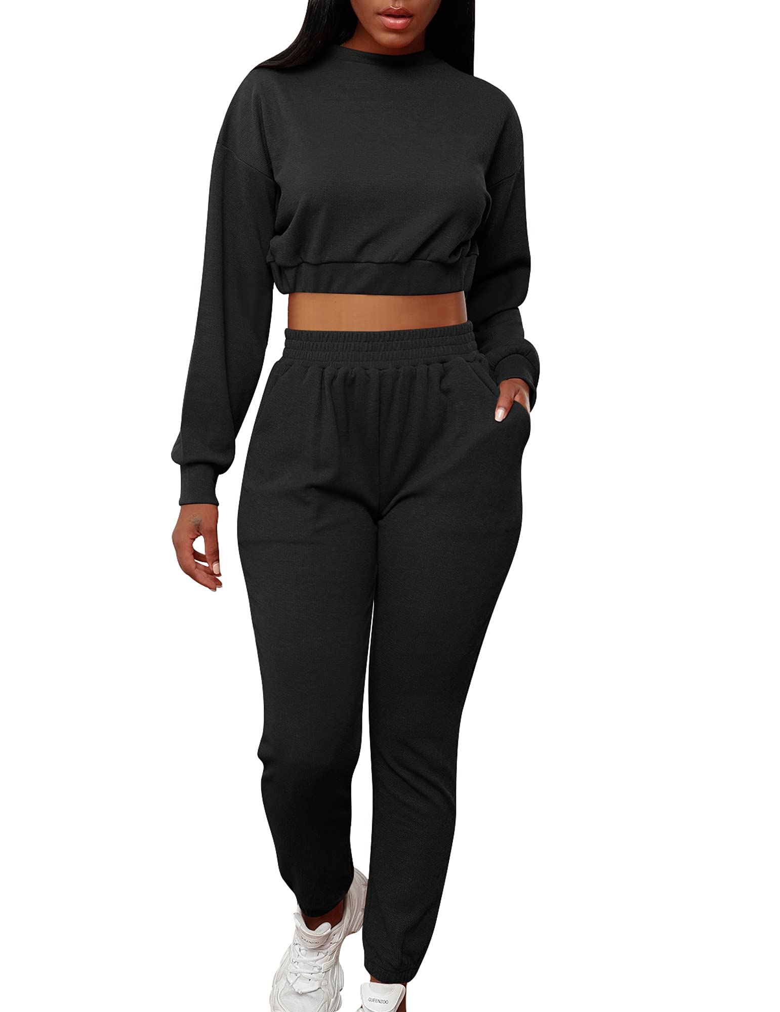 Mizoci Women's 2 Piece Outfits Lounge Jogger sets Long Sleeve Crop Top Pant Sweat Suit Tracksuit,Medium,Black