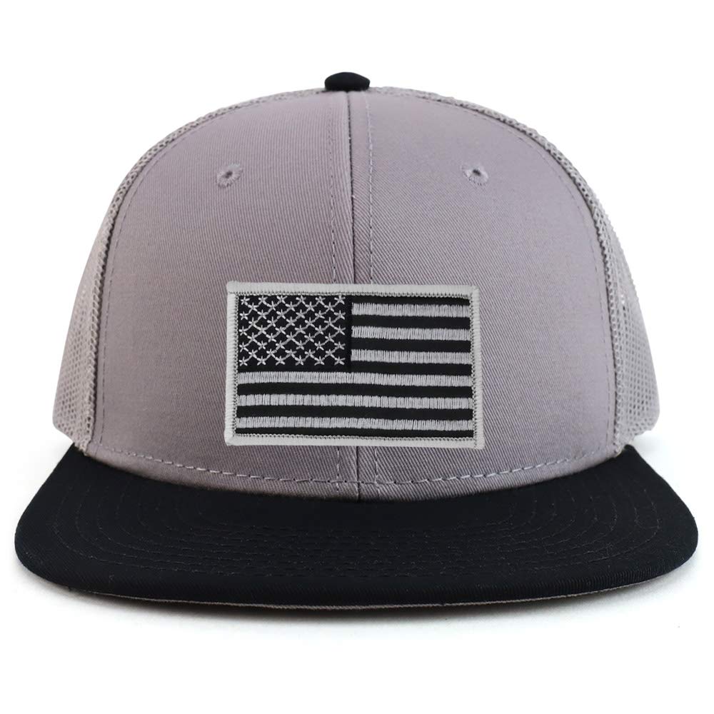 Armycrew Oversize XXL Black Grey USA Flag Patch Flatbill Mesh Snapback Cap - Grey Black - 2XL