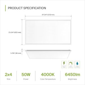 ASD 2x4 LED Flat Panel Light - 50W UL DLC Listed | 6450LM 4000K (Bright White) Dimmable 2x4 LED Light Drop Ceiling | Commercial Recessed & Surface Mount Back-Lit LED Panel Lights for Office, 2 Pack