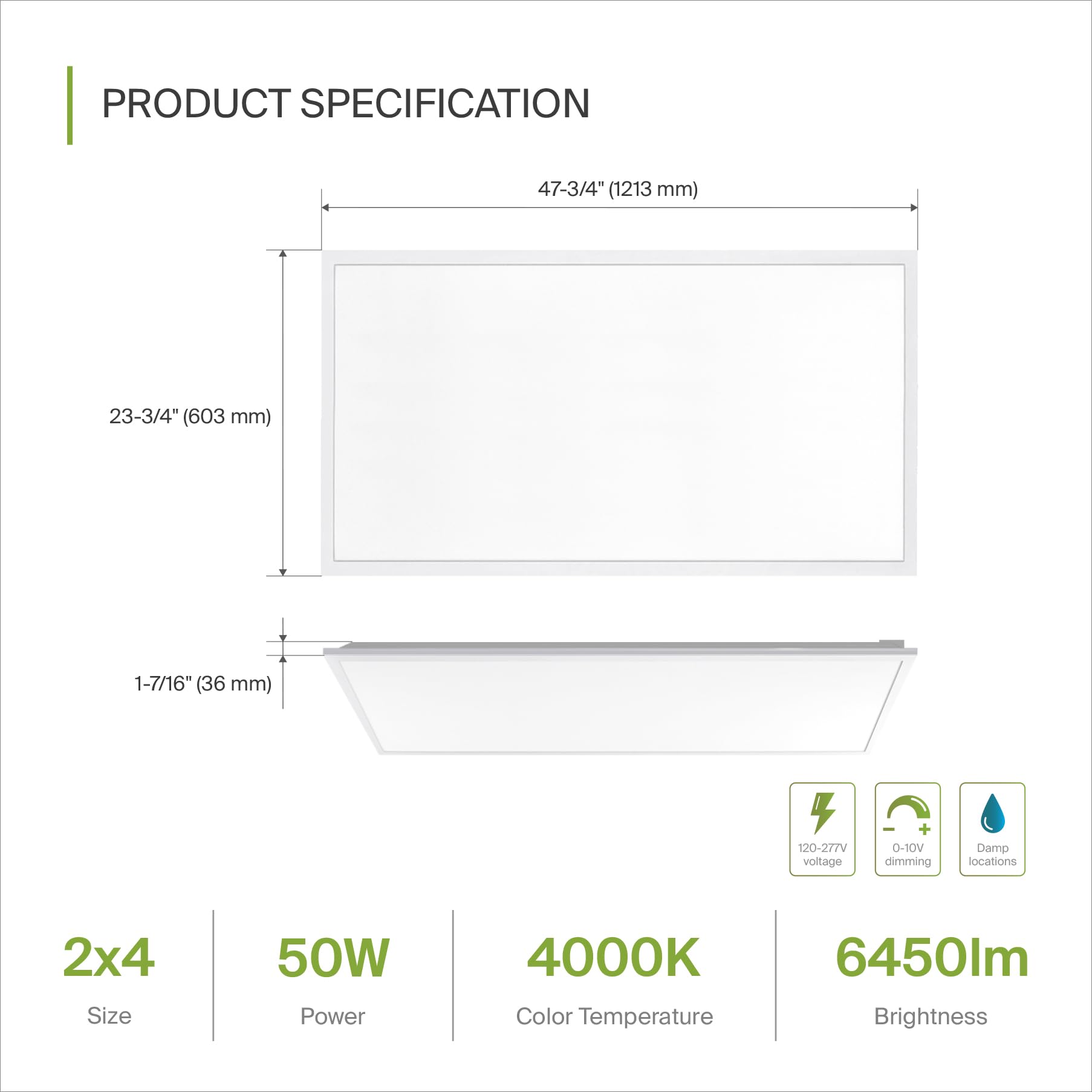 ASD 2x4 LED Flat Panel Light - 50W UL DLC Listed | 6450LM 4000K (Bright White) Dimmable 2x4 LED Light Drop Ceiling | Commercial Recessed & Surface Mount Back-Lit LED Panel Lights for Office, 2 Pack