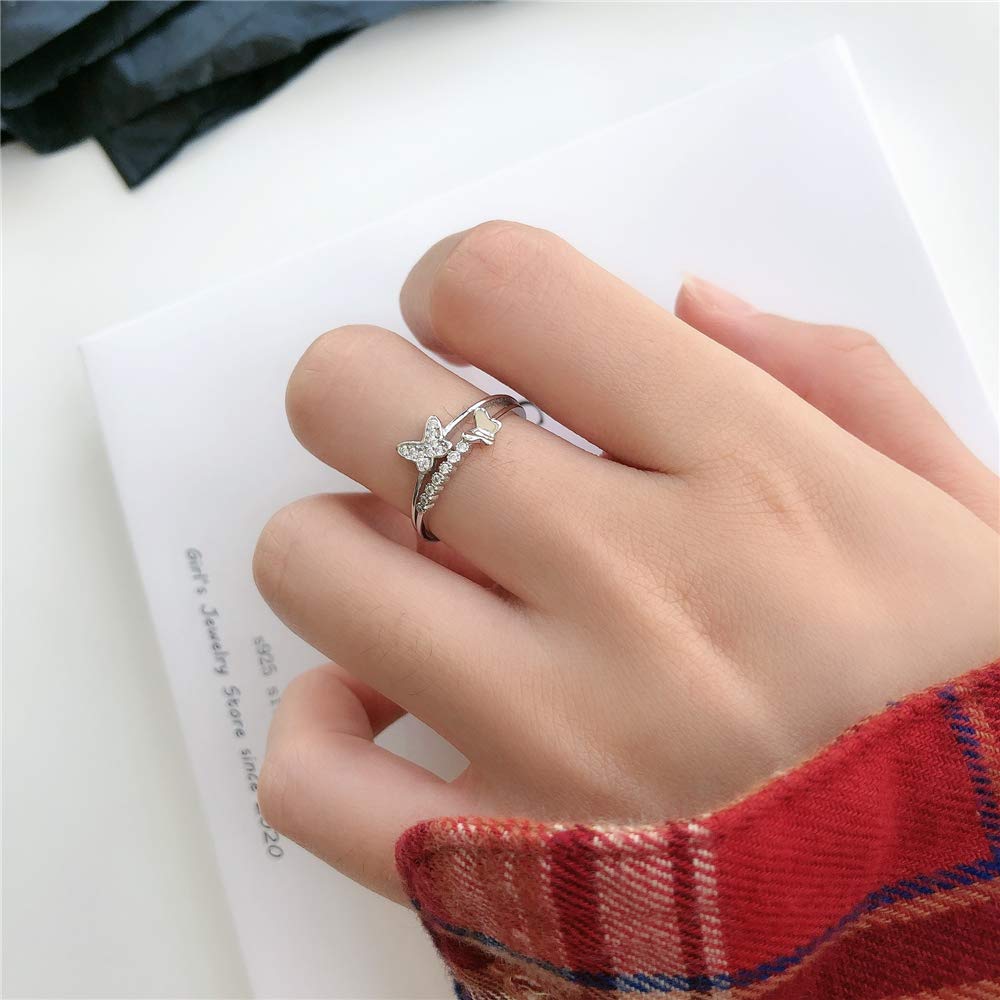 CZ Butterfly 925 Sterling Silver Ring for Women Crystal Promise Statement Stacking Expandable Open Rings Adjustable Hand Made Jewelry Dainty Birthday Anniversary Christmas Valentines Gifts