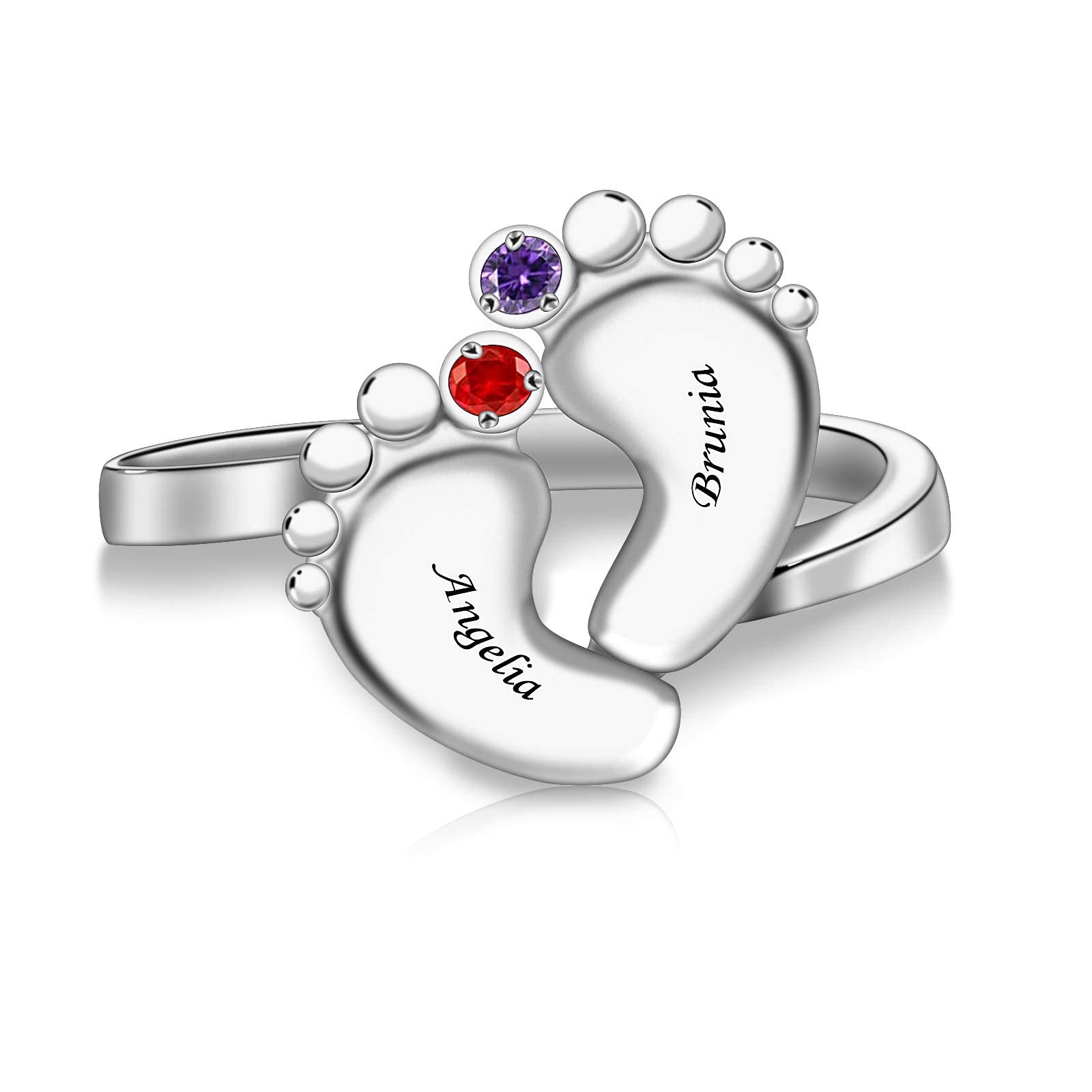 BAUMA Personalized Mothers ring with 2 Simulated Birthstones Baby Feet Ring with 2 Names Engraved Custom Mom Ring for Christmas