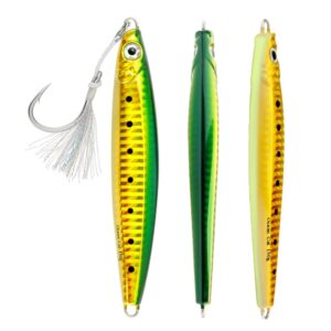 ocean cat 1 pc slow fall pitch lead metal flat fishing jigs lures sinking vertical jigging bait with circle hook for saltwater fishing (green&gold, 150g)