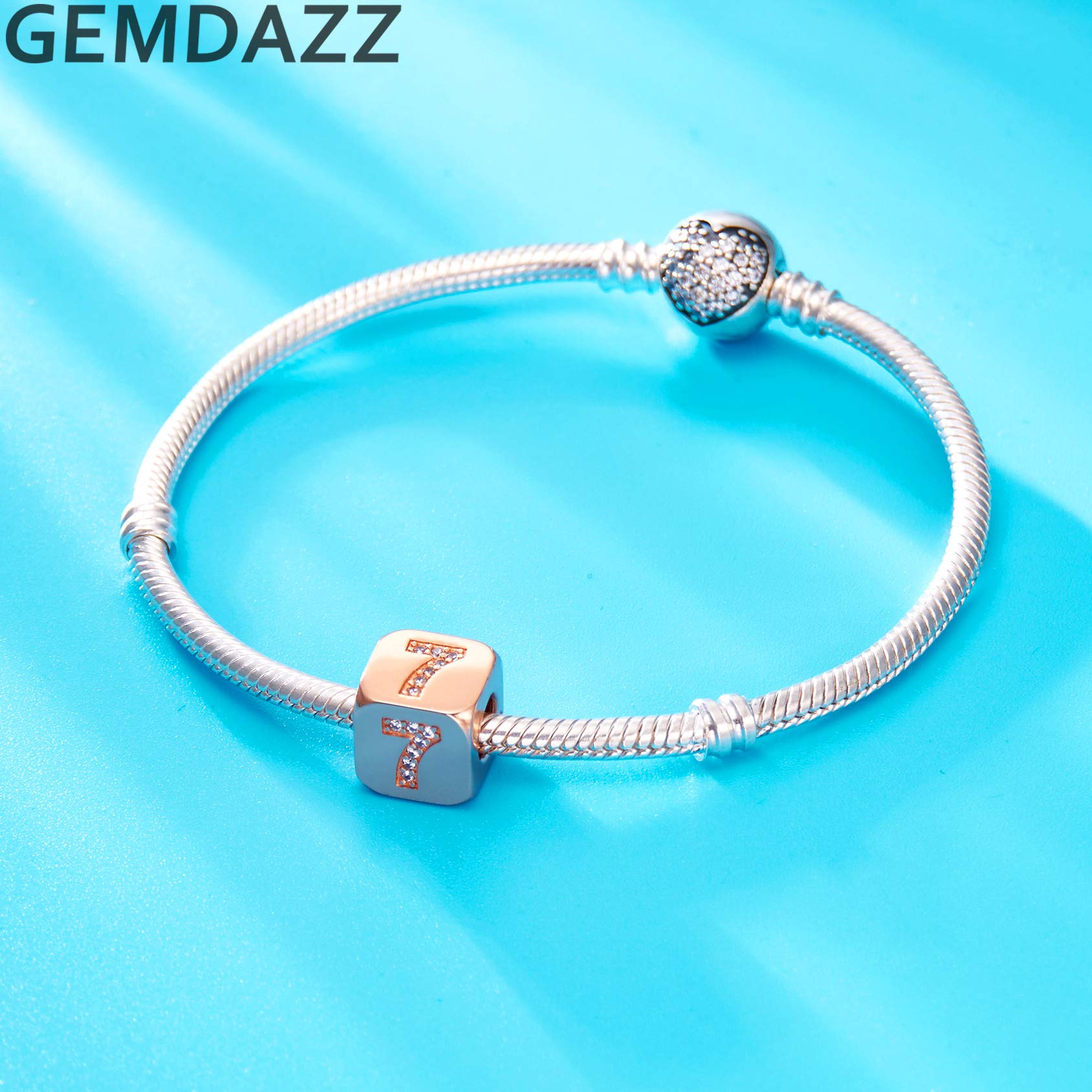 Lucky Number 7 Rose Gold Dice Charm with CZ Stones, 925 Sterling Silver Cube Digit Beads fits Pandora Birthday Anniversary Bracelet, Gifts for Family/Lover/Friends/Mom