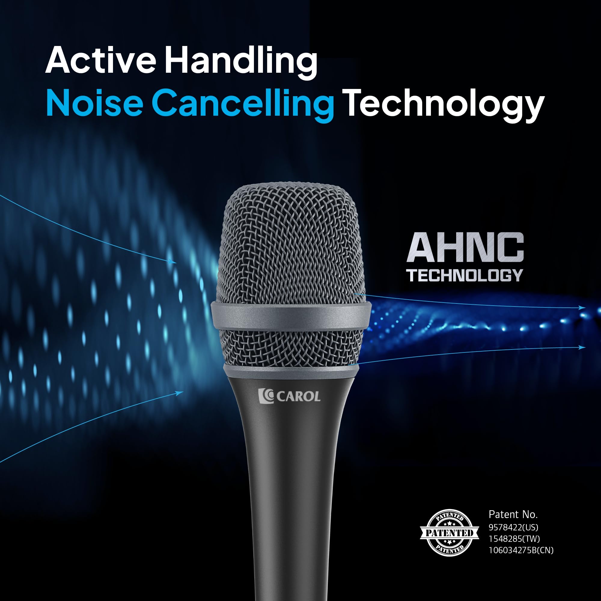 CAROL AC-900 Dynamic Microphone Vocal with Supercardioid, for Singing, Podcast, Performance, Live Stage Performance, Noise Cancelling AHNC Technology w/ 14.8ft XLR to XLR Cable & Mic Clip (P-1 Black)