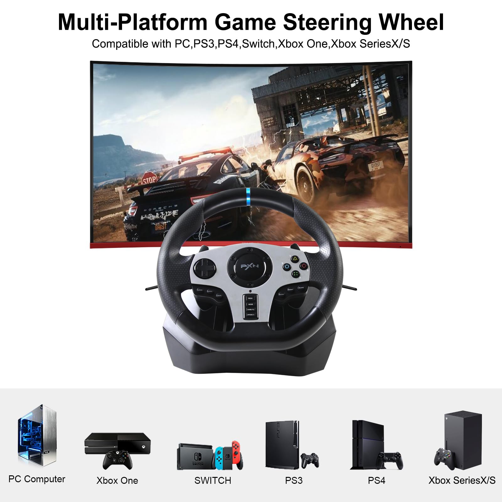 PXN V9 Game Racing Wheels,270°/900°PC Steering Whee With Pedals and Shifter,Support Vibration and Headset Function,for PC Xbox One, Xbox Series S/X,PS4, PS3,Switch