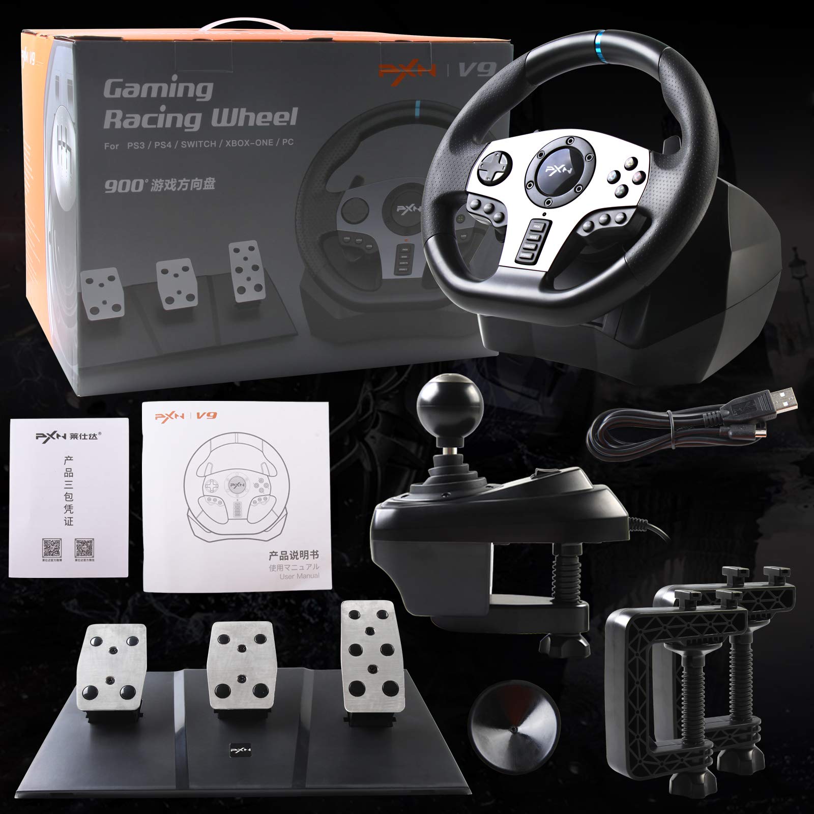 PXN V9 Game Racing Wheels,270°/900°PC Steering Whee With Pedals and Shifter,Support Vibration and Headset Function,for PC Xbox One, Xbox Series S/X,PS4, PS3,Switch