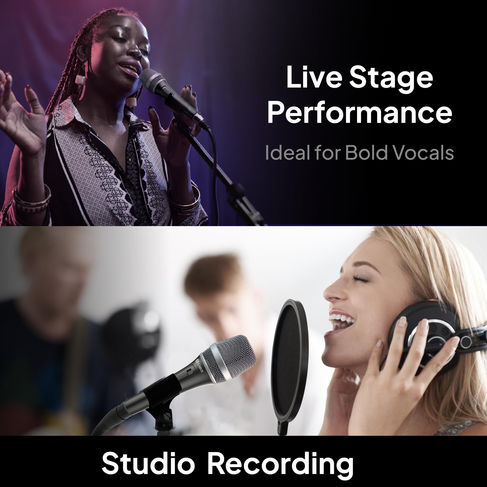 CAROL AC-900 Dynamic Microphone Vocal with Supercardioid, for Singing, Podcast, Performance, Live Stage Performance, Noise Cancelling AHNC Technology w/ 14.8ft XLR to XLR Cable & Mic Clip (P-1 Black)