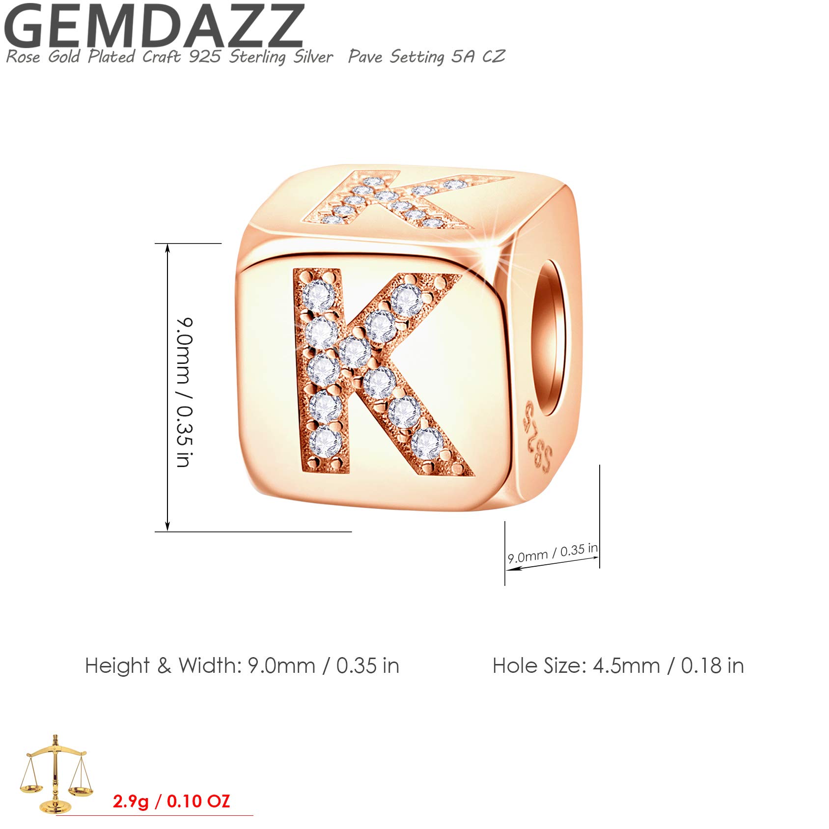 Letter K Charm, Rose Gold Dice Beads with CZ, fit Pandora Bracelet, 925 Sterling Silver Initial A to Z Alphabet K Cube Charms, Gifts for BFF/Christmas/Mothers Day